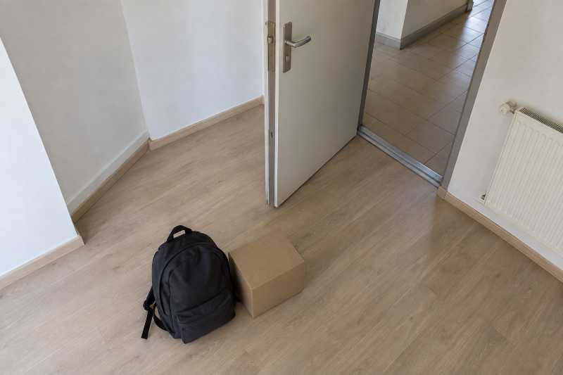 Sac à dos et boîte fermée gardés près de la porte d'un studio vidé