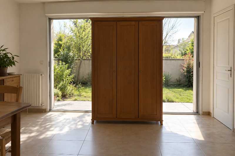 Armoire montée devant une baie coulissante ouverte donnant sur un petit jardin clos