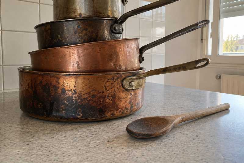 Batterie de cuisine visiblement usée, empilée sur un plan de travail entièrement dégagé