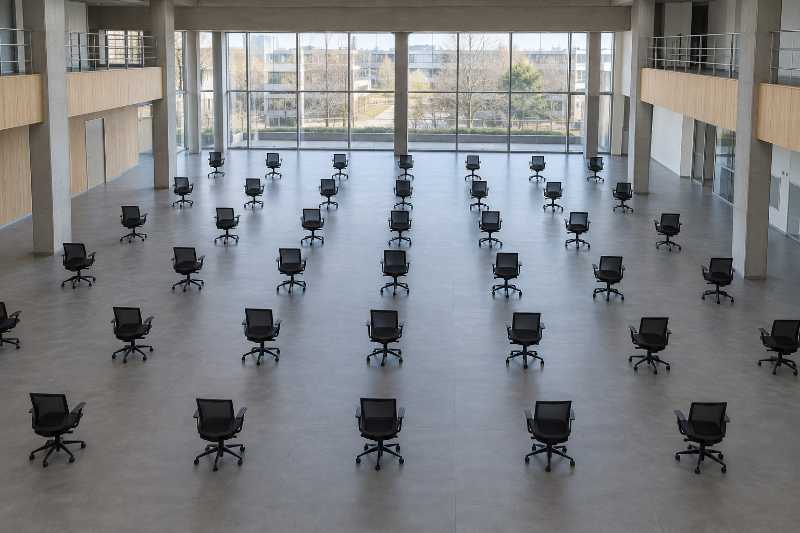 Chaises de bureau espacées une par poste sur un plateau vidé de ses tables