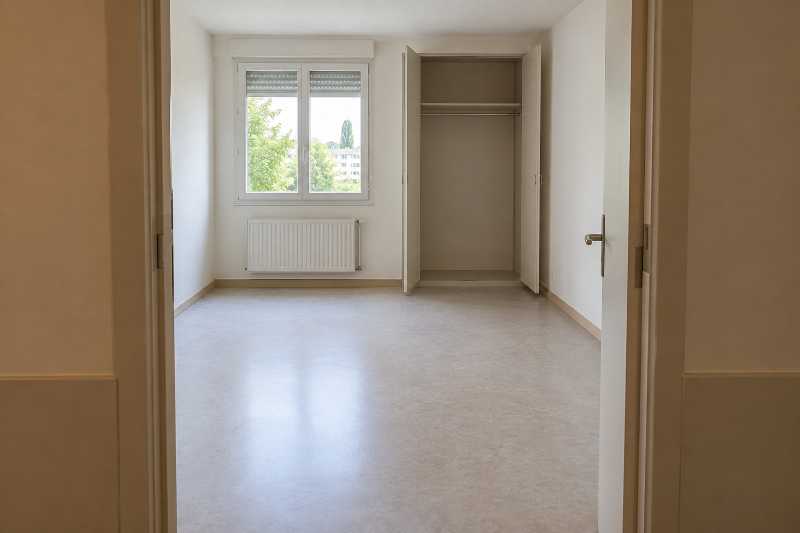 Chambre d'établissement vide vue depuis le couloir, fenêtre et placard ouverts au fond