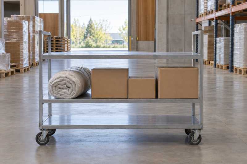 Chariot à trois plateaux dont un seul est chargé, les deux autres restant nus