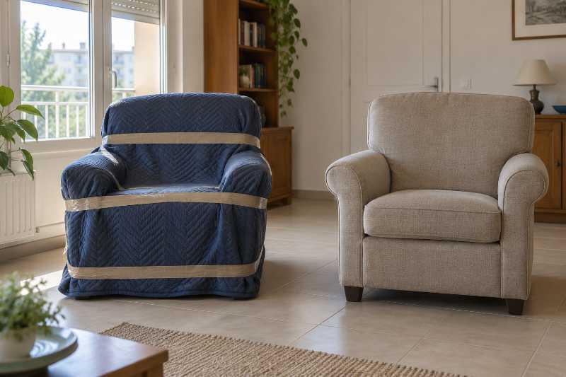 Deux fauteuils côte à côte, l'un enveloppé d'une housse matelassée, l'autre laissé nu