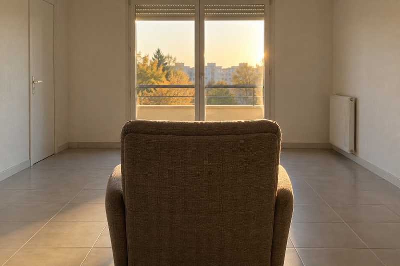 Fauteuil installé de dos face à une fenêtre, dans une chambre encore entièrement nue