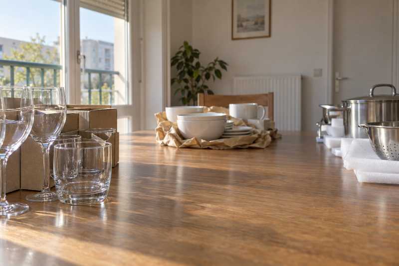 Trois matières séparées sur une table, verre, céramique et métal avec leurs protections