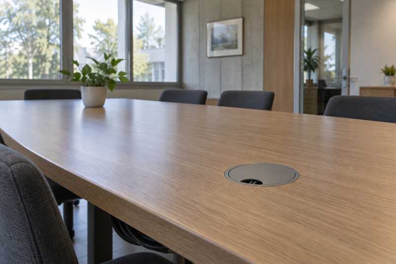 Passe-câble refermé sur une table de réunion remontée, salle rangée en arrière-plan flou