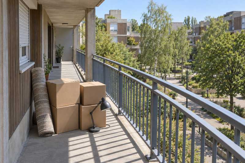 Quatre cartons, un tapis roulé et une lampe posés sur une coursive extérieure