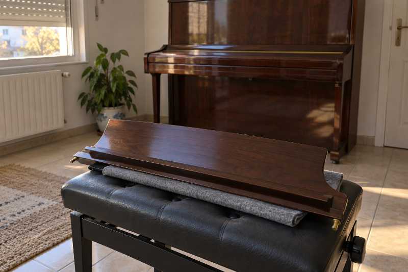 Pupitre déposé d'un piano et posé à plat sur le tabouret, instrument fermé derrière