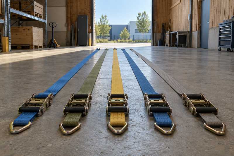 Sangles d'arrimage étendues à plat et parallèles sur le béton d'un dépôt, cliquets alignés