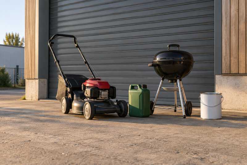 Tondeuse, bidon et barbecue laissés dehors devant une porte de box fermée