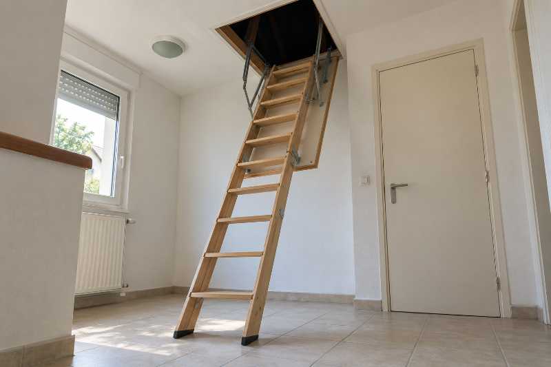 Trappe de combles ouverte au plafond d'un palier, escalier escamotable déplié jusqu'au sol
