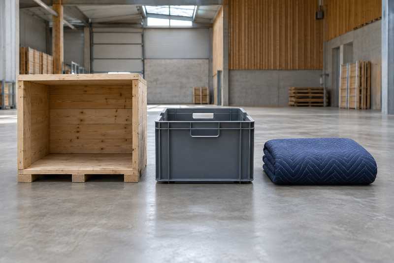 Caisse en bois, bac plastique rigide et housse matelassée pliée, alignés au dépôt